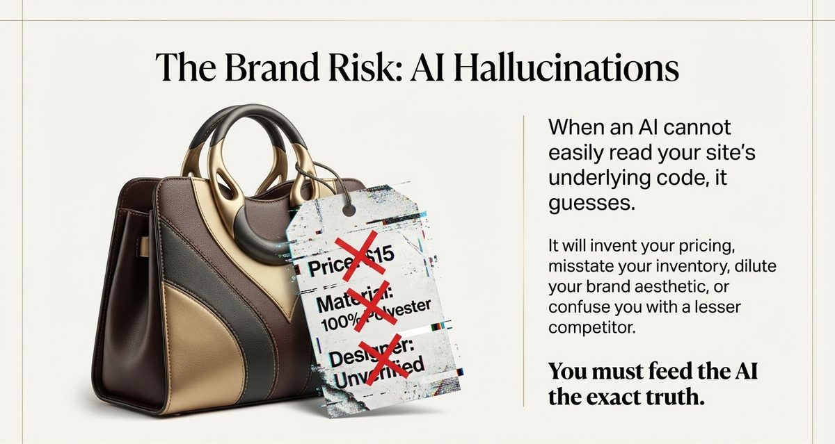 AI hallucination risk: incorrect pricing, materials, and designer attribution on a luxury product