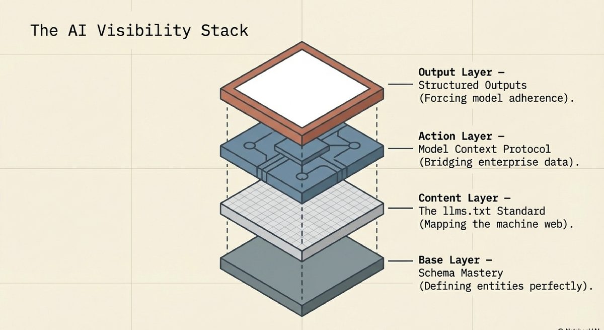 The AI Visibility Stack: four layers from Schema base to Structured Outputs