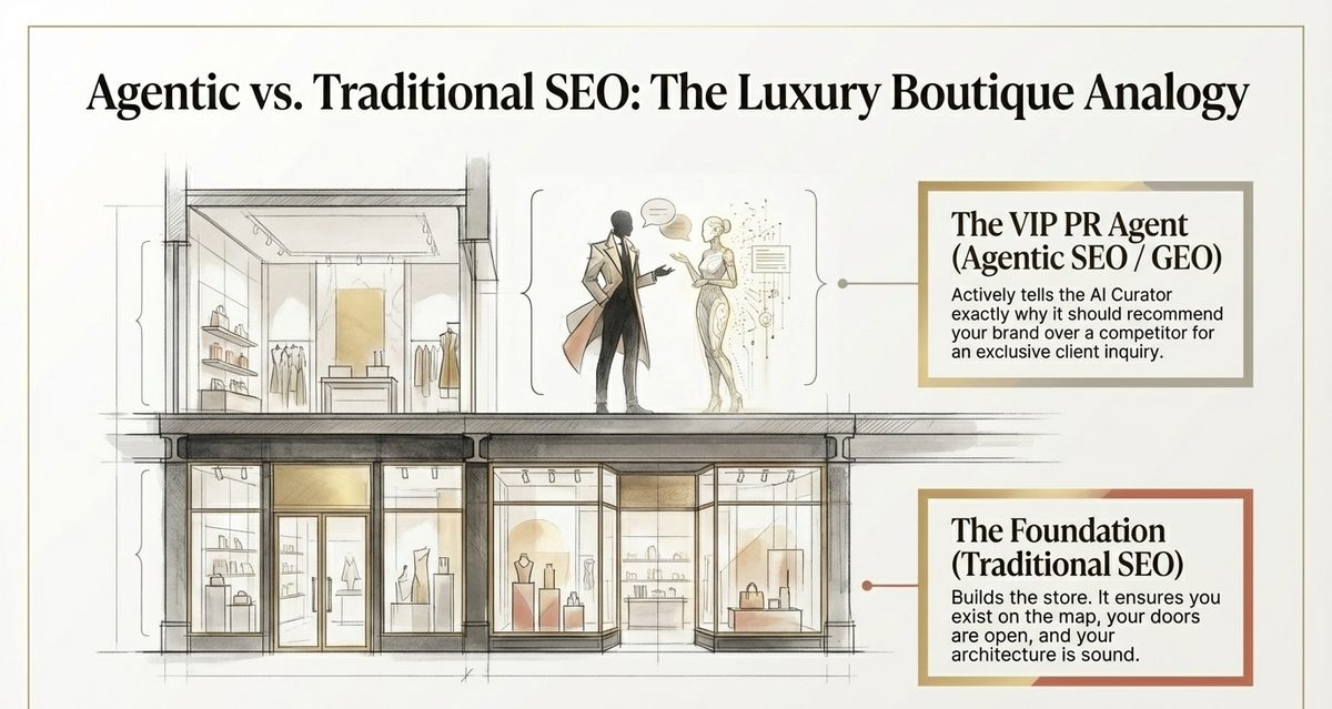 Agentic vs Traditional SEO: the luxury boutique analogy showing foundation (SEO) vs VIP PR Agent (GEO)