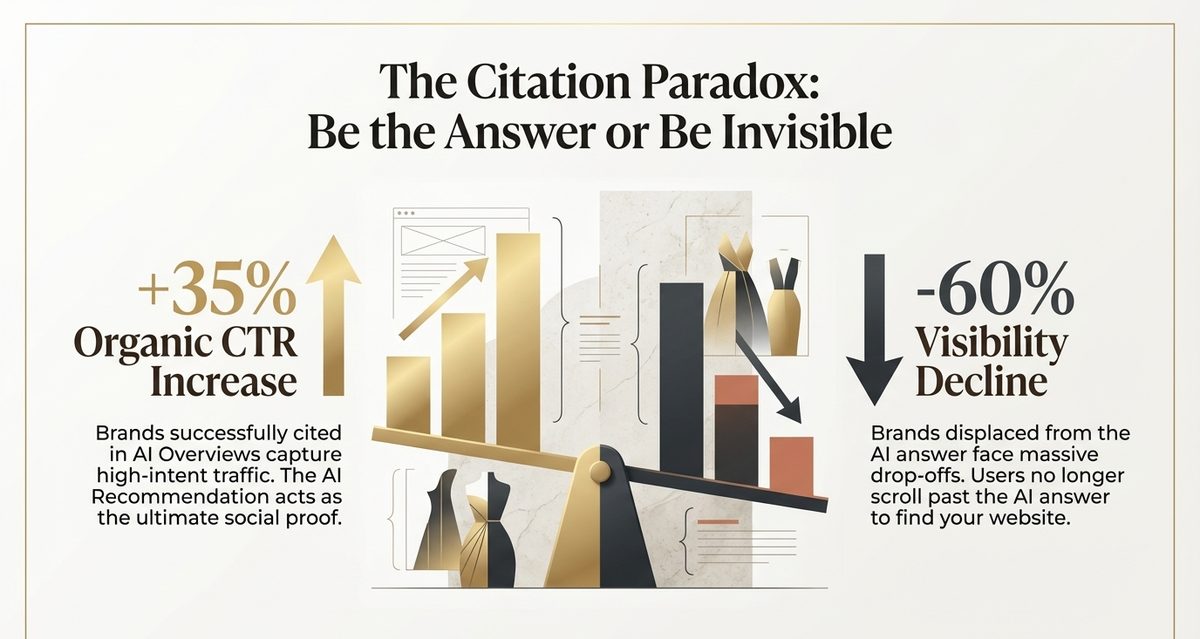 The Citation Paradox: +35% organic CTR increase for cited brands vs -60% visibility decline for displaced brands