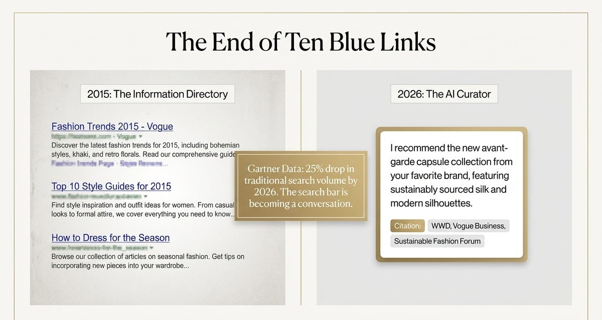 The End of Ten Blue Links: 2015 information directory vs 2026 AI curator with direct recommendations