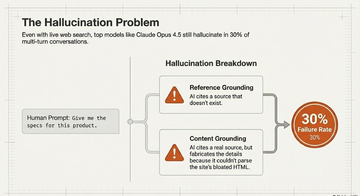 The Hallucination Problem: top AI models fabricate information in 30% of conversations because they cannot parse bloated HTML