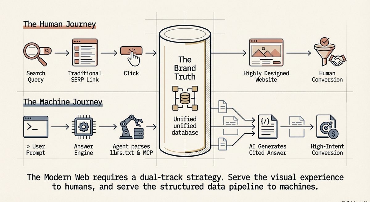 Dual-track strategy: serving humans with visual design and machines with structured data through a unified brand truth