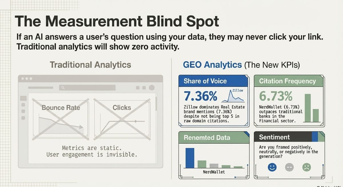 The Measurement Blind Spot: traditional analytics show zero activity when AI answers using your data without a click
