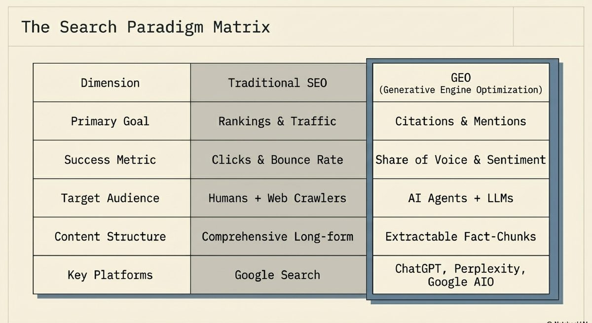 The Search Paradigm Matrix: Traditional SEO targets rankings and traffic while GEO targets citations and share of voice